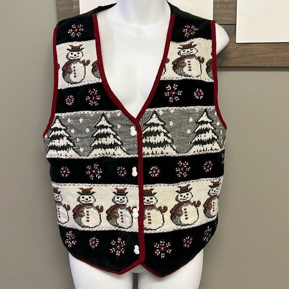 TanTrums Vintage Black Button Up Snowman Tree Snowflake Vest- Large - Picture 1 of 16